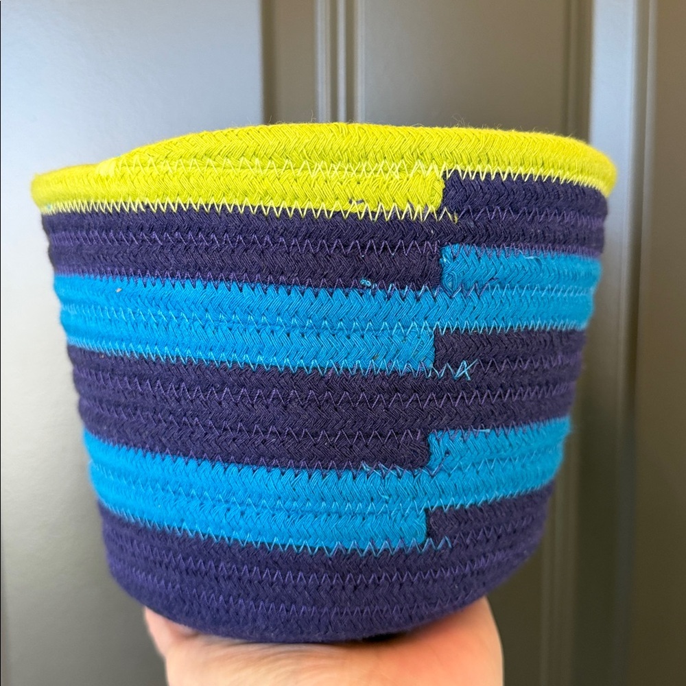 Woven basket - Blues with yellow trim